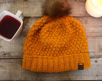 Mustard Yellow Wool Beanie, Fur pompom Warm Winter Hat, Womens Slouchy Hat, Bohemian Winter Beanie Chunky Knit, Grunge Slouchy Hat