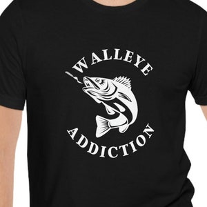 Walleye Addiction Fishing Fun Time unisex Jersey Short Sleeve Tee. Walleye Chasing Rubber Worm Bait!