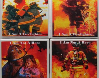 Tile Coaster - Firefighters - Set of 4 - (Buy 2 Sets - Get 1 Set Free) Coaster Set, Ceramic, Personalized, Coasters, Marble