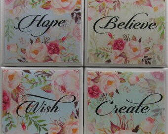 Fliesenuntersetzer - Hope/Believe - 4er Set (2 Sets kaufen - 1 Set kostenlos erhalten) Untersetzer Set, Keramik, Personalisiert, Untersetzer
