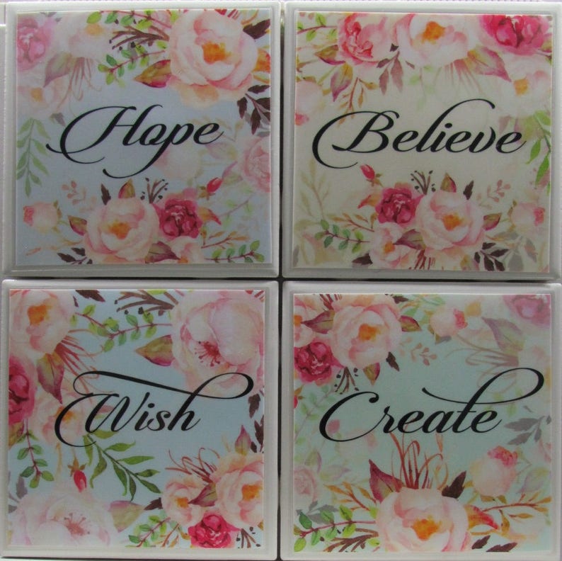 Tile Coasters Hope/Believe Set of 4 Buy 2 Sets Get 1 Set Free Coaster Set, Ceramic, Personalized, Coasters image 1