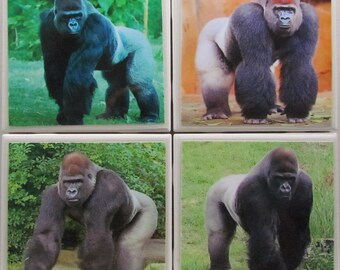 Fliesenuntersetzer - Gorilla - 4er Set - (2 Sets kaufen - 1 Set kostenlos erhalten) Untersetzer Set, Keramik, Personalisiert, Untersetzer, Marmor