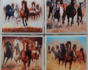 Tile Coasters - Horses - Set of 4 - (Buy 2 Sets - Get 1 Set Free) Coaster Set, Ceramic, Personalized, Coasters, Marble