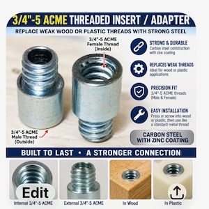 May include: Two silver-colored carbon steel threaded inserts with zinc coating. One shows a 3/4"-5 ACME male thread on the outside, and the other shows a 3/4"-5 ACME female thread on the inside. Text includes 3/4"-5 ACME THREADED INSERT / ADAPTER.