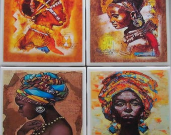 Tile Coasters  Ceramic - African Women - Set of 4  - (Buy 2 Sets - Get 1 Set Free) Coaster Set, Ceramic Tile, Personalized, Coasters, Marble