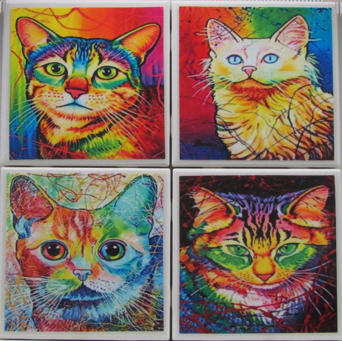 タイルコースター - 猫のデザイン - 4 個セット - (2 セット購入で 1