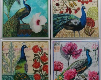 Tile Coasters - Peacocks - Set of 4 - (Buy 2 Sets - Get 1 Set Free) Coaster Set, Ceramic, Personalized, Coasters, Marble