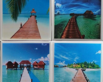Fliesen untersetzer - Paradise - 4er Set - (2 Sets kaufen - 1 Set kostenlos erhalten) Untersetzer Set, Keramik, personalisiert, Untersetzer, Marmor