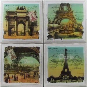 Puede incluir: Conjunto de cuatro posavasos de estilo vintage con imágenes de la Torre Eiffel y el Arco del Triunfo en París, Francia. Los posavasos tienen un fondo blanco con una superficie texturizada y presentan un aspecto vintage descolorido.