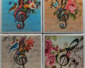 Fliesen untersetzer - Musikblumen - 4er Set - (2 Sets kaufen - 1 Set kostenlos erhalten) Untersetzer Set, Keramik, personalisiert, Untersetzer, Marmor