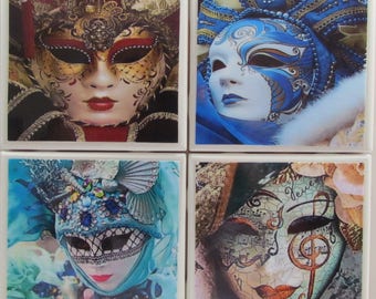 Fliesen untersetzer - Masken - (4er Set) (2 Sets kaufen - 1 Set kostenlos erhalten) Untersetzer Set, Keramik, personalisiert, Untersetzer, Marmor