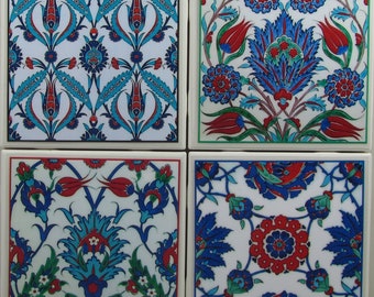Tile Coasters Ceramic - Blue & Red - Set of 4 -  (Buy 2 Sets - Get 1 Set Free) Coaster Set, Ceramic, Personalized, Coasters, Marble