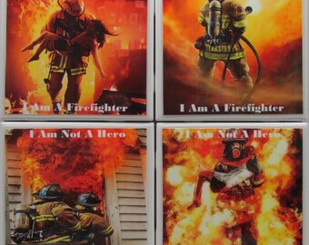 Tile Coaster - Firefighters - Set of 4 - (Buy 2 Sets - Get 1 Set Free) Coaster Set, Ceramic, Personalized, Coasters, Marble