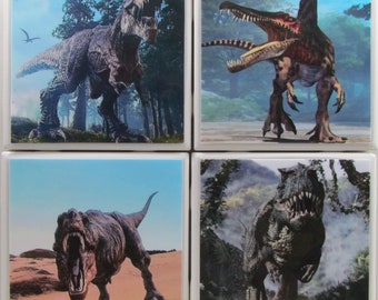 Fliesenuntersetzer - Dinosaurier - 4er Set - (2 Sets kaufen - 1 Set kostenlos erhalten) Untersetzer Set, Keramik, personalisiert, Untersetzer, Marmor
