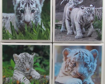 Ceramic Tile Coaster - Baby Tigers - Set of 4 - (Buy 2 Sets - Get 1 Set Free) Coaster Set, Ceramic, Personalized, Coasters, Marble