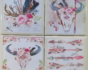 Tile Coaster - Boho - Set of 4 - (Buy 2 Sets - Get 1 Set Free) Coaster Set, Ceramic, Personalized, Coasters, Marble