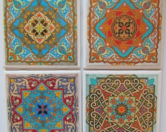 Tile Coasters - Moroccan - (Set of 4 )  (Buy 2 Sets - Get 1 Set Free) Coaster Set, Ceramic, Personalized, Coasters, Marble