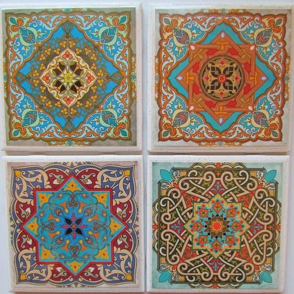 Tile Coasters - Moroccan - (Set of 4 )  (Buy 2 Sets - Get 1 Set Free) Coaster Set, Ceramic, Personalized, Coasters, Marble