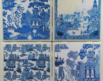 Posavasos de azulejos Cerámica - Sauce azul - Juego de 4 - (Compre 2 juegos - Obtenga 1 juego gratis) Juego de posavasos, Cerámica, Personalizado, Posavasos, Mármol