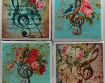 Fliesen Untersetzer Keramik - Musikblumen - 4er Set - (2 Sets kaufen - 1 Set kostenlos erhalten) Untersetzer Set, Keramikfliese, personalisiert, Untersetzer, Marmor