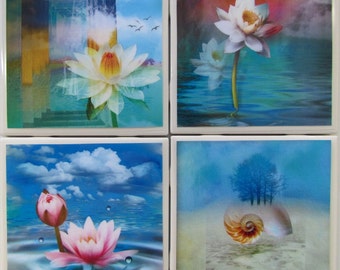 Tile Coasters - Water Flowers - (Set of 4)  (Buy 2 Sets - Get 1 Set Free) Coaster Set, Ceramic, Personalized