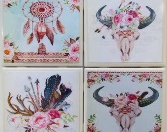Tile Coaster - BOHO - Set of 4 - (Buy 2 Sets - Get 1 Set Free) Coaster Set, Ceramic, Personalized, Coasters, Marble