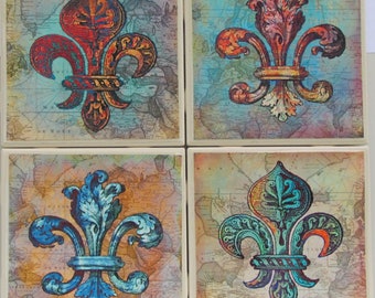 Tile Coasters Ceramic- Fleur de lis - Set of 4  - (Buy 2 Sets - Get 1 Set Free) Coaster Set, Ceramic, Personalized, Coasters, Marble