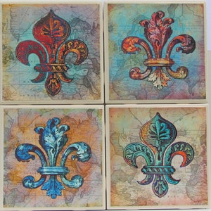 Tile Coasters - Fleur de lis - Set van 4 - (Koop 2 Sets - Get 1 Set Free) Onderzetter Set, Keramiek, Gepersonaliseerd, Onderzetters, Marmer