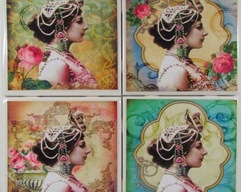 Tile Coaster - Mata Hari - 4er Set - (Kaufen Sie 2 Sets - erhalten Sie 1 Set kostenlos) Untersetzer-Set, Keramik, personalisiert, Untersetzer, Marmor