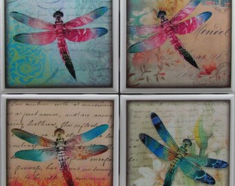 Tile Coaster - Dragonfly - Set of 4 - (Buy 2 Sets - Get 1 Set Free) Coaster Set, Ceramic, Personalized, Coasters, Marble