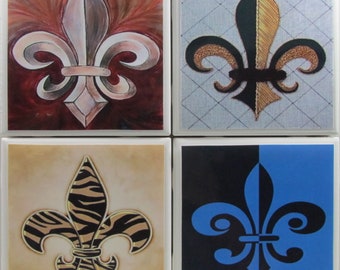 Fliesen-Untersetzer - Fleur de lis - 4er-Set - (Kaufen Sie 2 Sets - erhalten Sie 1 Set kostenlos) Untersetzer-Set, Keramik, personalisiert, Untersetzer, Marmor