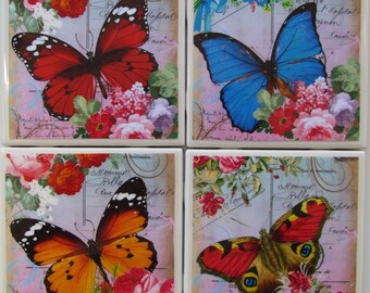 Fliesenuntersetzer - Schmetterling Design - 4er Set - (2 Sets kaufen - 1 Set kostenlos erhalten) Untersetzer Set, Keramik, personalisiert, Untersetzer, Marmor