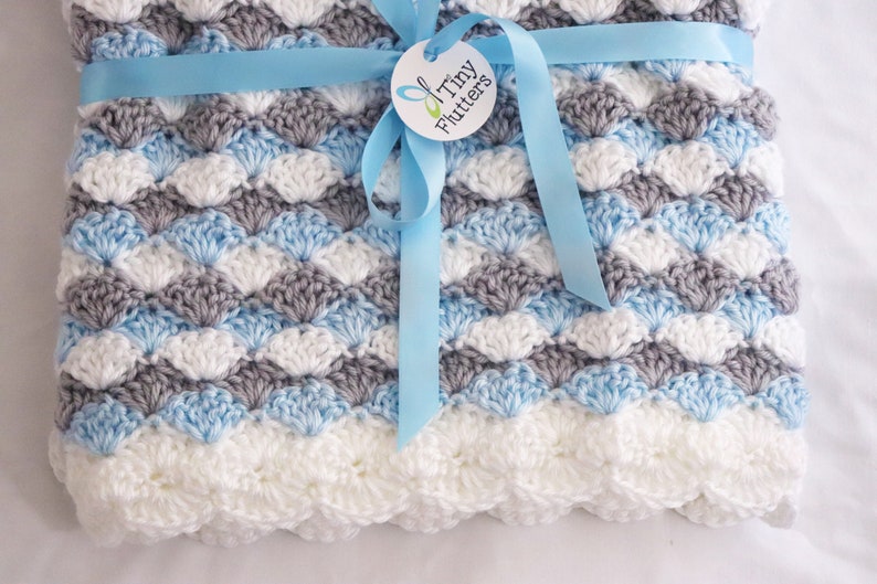 Crochet baby blue grey and white baby blanket Crocheted Etsy