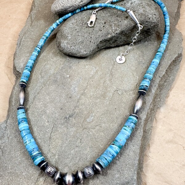 Sonoran Turquoise Necklace | 21-inch | Graduated Heishi Beads | Navajo Pearl Accent Beads | 925 Sterling Silver Clasp & Findings