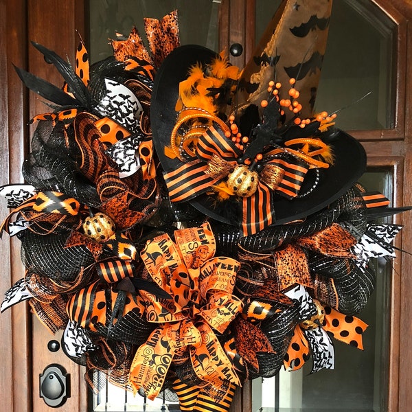 Halloween Witch Mesh Wreath, Halloween Wreath Front Door, Halloween Wreath Witch, Fall Wreath, Halloween Bats, Witch With Legs, Witch Hat