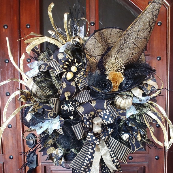 Halloween Witch Legs Mesh Wreath, Gold Front Door Decor