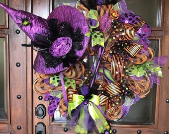 Whimsical Halloween Witch Mesh Wreath, Hat, Broom & Legs