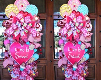 Valentine's Swag for Front Door, Spring Swag, Heart Wreath, Summer Day Wreath, Candy Wreath, Ice Cream Swag, Birthday Party, Lollipop Wreath