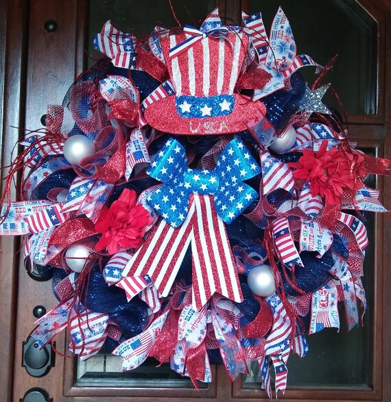 Patriotic Mesh Wreath 4th Of July Outdoor Decor 4th Of July Deco Mesh Wreath Memorial Day Decor July 4th Decoration July 4th Door Hanger