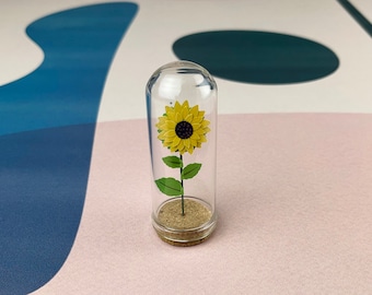 Yellow Sunflower - Mini Paper Flower in a Tiny Glass Dome - Sunflower