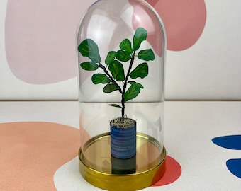 Fiddle Leaf Fig - Mini Paper Plant Sculpture in a Glass Dome with Gold Base - Fiddle Fig Tree