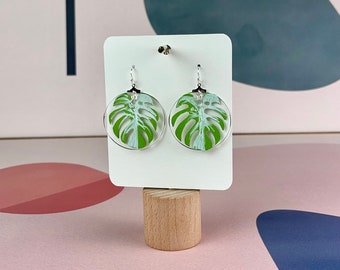 Monstera Deliciosa Albo Variegata Plant Earrings - Silver Circle Earrings - Gift for Her - Earrings - Plant Earrings - Monstera Deliciosa