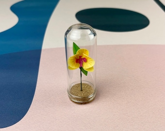 Orchidée jaune - Mini fleur de papier dans un petit dôme de verre - Orchidée