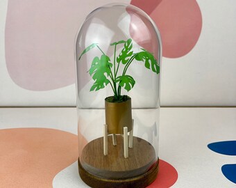 Monstera Deliciosa - Mini Paper Plant Sculpture in a Glass Dome with Wood Base - Monstera