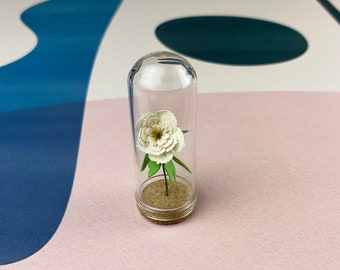 White Peony - Mini Paper Flower in a Tiny Glass Dome - Peony