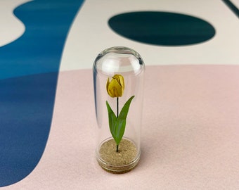 Yellow Tulip - Mini Paper Flower in a Tiny Glass Dome - Tulip