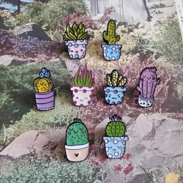 CACTUS Plant PIN, Smiling Planter Brooch, Landscaper, Backpack Pins, Enamel Jewelry, Succulent, Kawaii, Hat Pins, Greenhouse Nursery Gift,
