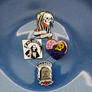 CREEPY Retro, GRIM REAPER Pins, Ghoulish Specter, Samhain, Lord of Death, Live Laugh Love, No Mercy, The Big Sleep, Stay in Bed