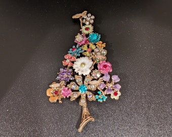 CHRISTMAS TREE PIN, Enameled Florals, Multi Colored Crystals,  Measures 4" x 2"