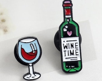 WINE TIME Pin, Enameled, Red Wine Lover, Wine Glass and Bottle, I Love Vino, Spa Day Pins